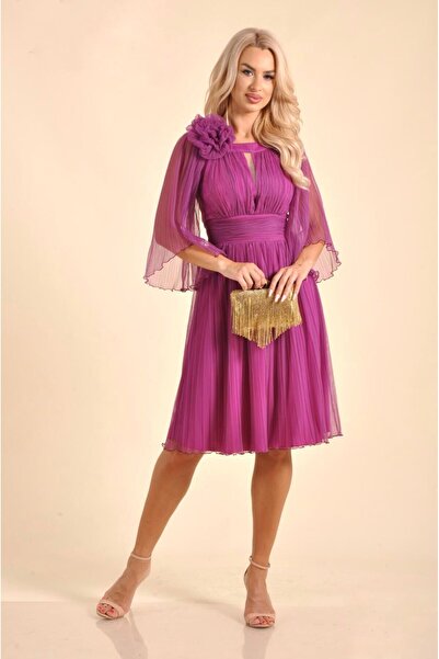 ANAIL Fashion Rochie elegantă plisată cu floare și mâneci tip voal