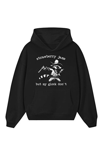 barsdepo Oversize Unisex Black Hoodie – Strawberry Jams Printed Raccoon Desig...