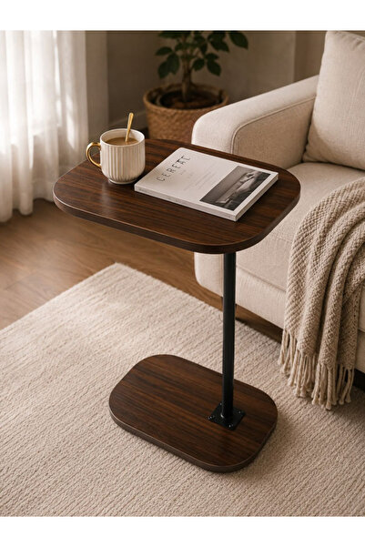 Generic Practical and Modern C-Shaped Side Tables with a Dark Brown Wood Fini...