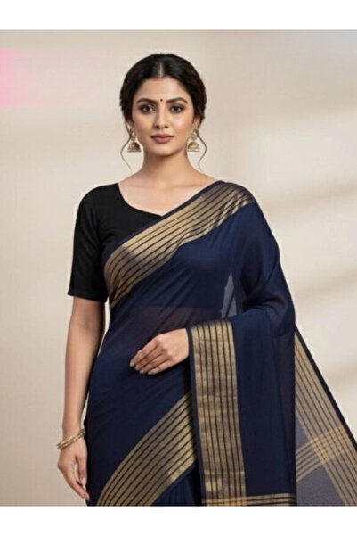 MYSMAR Navy Blue Soft Georgette Saree with Gold Zari Border - FFT9598 | Navy ...