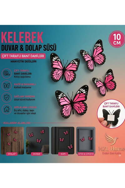HZL HOME 1 Adet 3D Dekoratif Kelebek Duvar ve Dolap Süsü - Çift Taraflı Bantl...