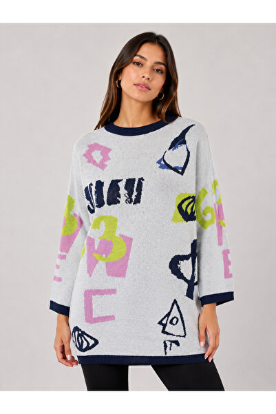Neden Tekstil Women's Colorful Patterned Knitwear Oversize Sweater