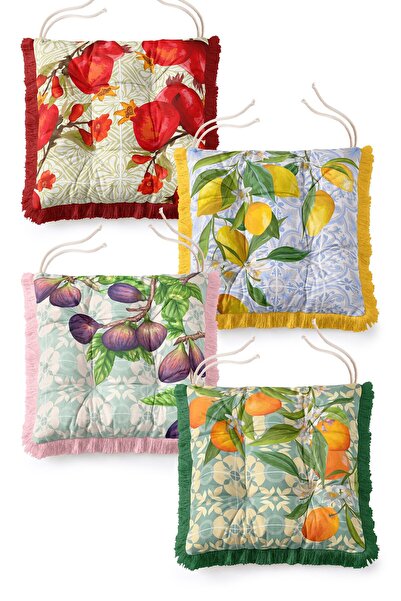 IdeCraft Mediterranean Fruits Lemon Pomegranate Fig Patterned Fringed Puffy C...