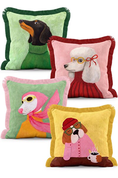 IdeCraft Set of 4 Fringed Throw Pillow Covers with Cute Dog Figure in Clothes...