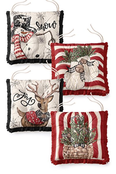 IdeCraft New Year's Snowman and Deer Patterned Fringed 4-Piece Pofidik Chair ...