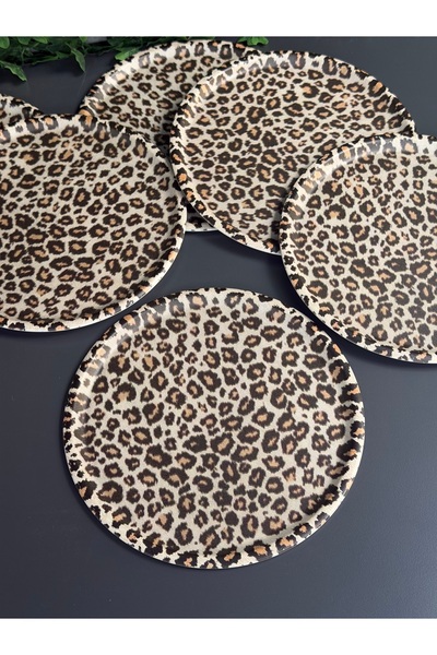 Hediye Köşkü 6lı 23cm Leopar Metal Kahve Sunum Tepsisi