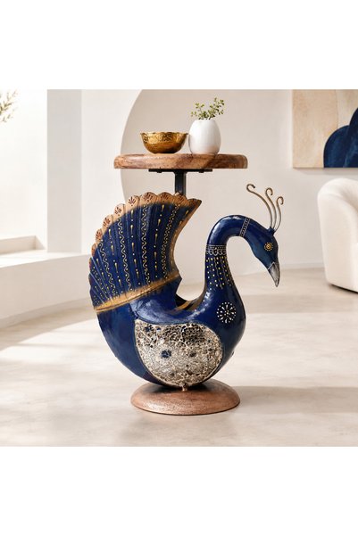 Al Athar Arts Handcrafted Metal Peacock Design Table – Antique Hand-Painted Side Table | Indian Artistry | Wholesale and Retail UAE