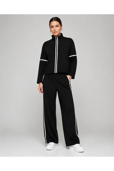 De Carte Women's Modal Fabric Stripe Detailed Stand Collar Zippered Wide Leg ...