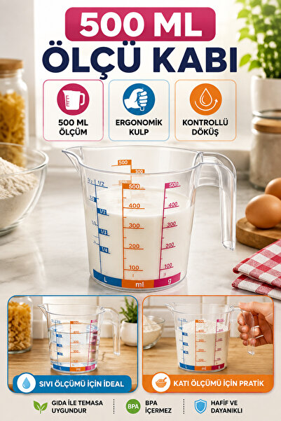 Hane Dostu 500 ml Şeffaf Ölçü Kabı Dereceli Ergonomik Kulplu Kontrollü Döküş ...