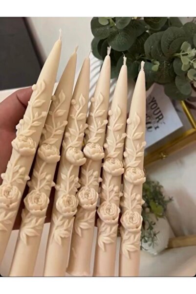 SCA CANDLE Dekoratif Mum Şamdanlık Mum Çiçek Desenli Koyu Krem Renk 2 Kili