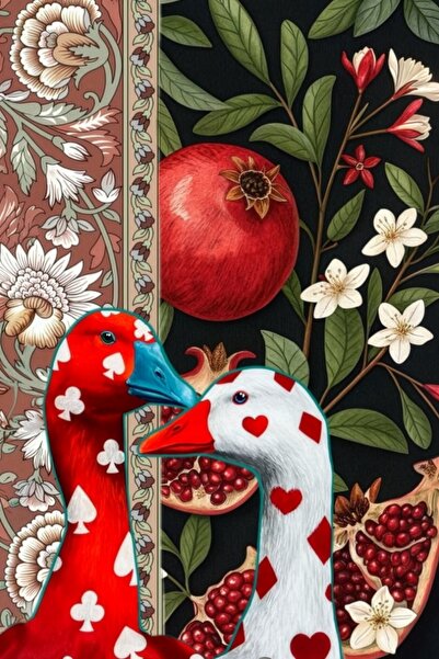 tablosu art Nar Motifli İskambil Desenli Kazlar Çerçevesiz Kanvas Tablo