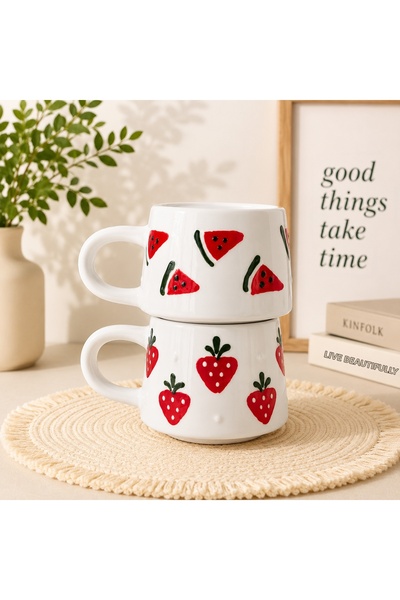 BB TRADE Handmade 2-Piece Watermelon and Cherry Patterned Ceramic Mug 200ml