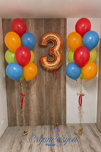 Organizasyon Pazarı 3 Year Old Rose Gold Number Colorful Rainbow Balloon Bouq...