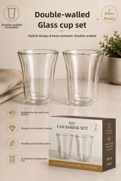 Bayguru Double Walled Heat Insulated Glass Cup Set of 2 400ml – Modern & Styl...