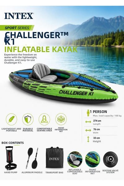 Intex Надуваем каяк Challenger K1 с включена помпа и включени гребла, 2.74м x...