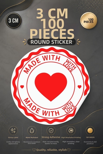 qoeuyl boutique Made with Love No:2 Printed 3 cm Round 100 Pieces Sticker Pac...
