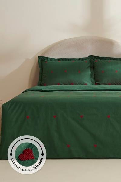Karaca Home Amour Mio bumbac 100% set de lenjerie de pat dublu brodat verde î...