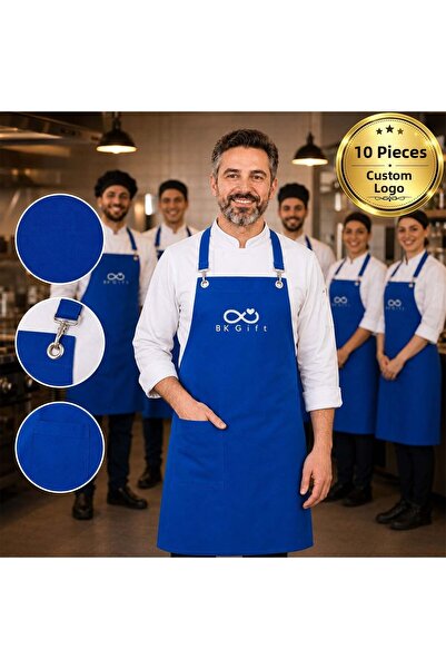 Bk Gift 10 Blue Professional Kitchen Aprons with Your Logo - Cotton Fabric Ch...
