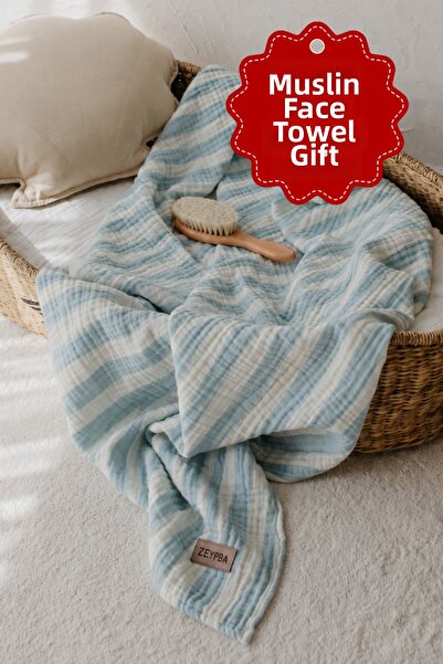 ZEYPBA 100% Cotton 4-Layer Muslin Blanket with Stitched Edges and Blue Stripe...