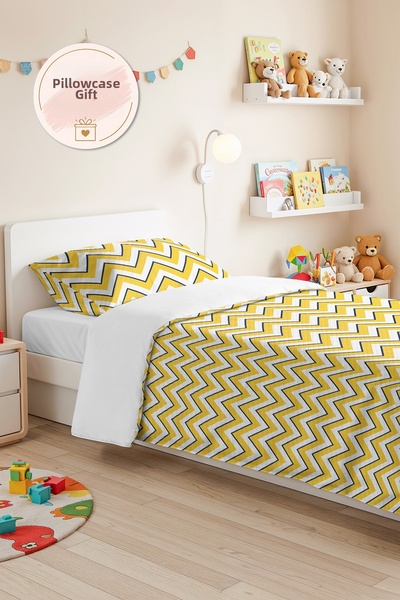 Evimde Bambaşka Yellow Zigzag Geometric Youth Room Single Pique Set - Navy Bl...