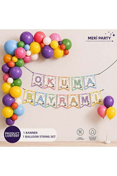 MERİ PARTİ Reading Day Balloon Chain Set 50 Pieces Colorful Balloons Banner P...