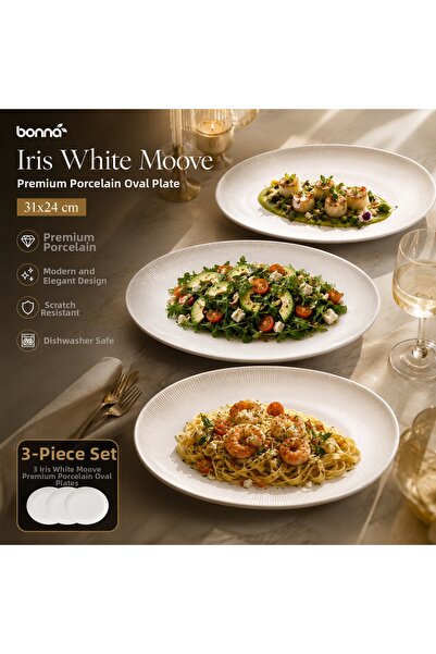 Bonnami Bonna Iris White Moove Premium Porcelain Oval Plate Set - 3 Pieces (3...