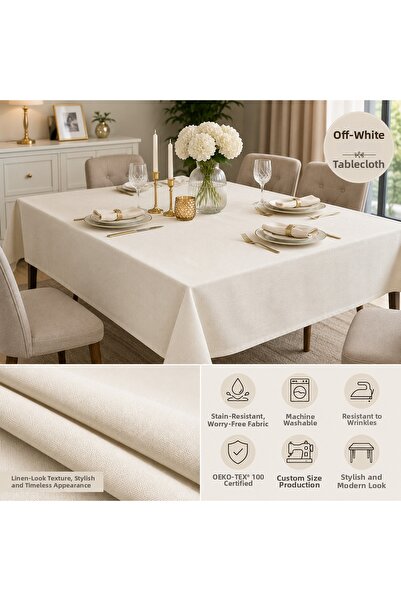 Meral Kurşun Collection Liquid-Proof Linen Off-White Tablecloth |   Custom Si...