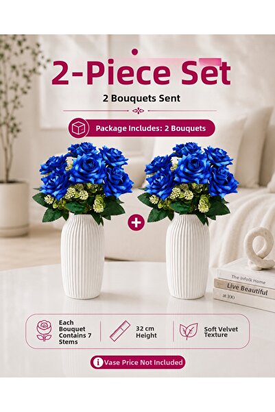 MD Aspiz Flowers 2 باقة من الزهور الاصطناعية، باقة من 7 ورود مخملية زرقاء فاخ...