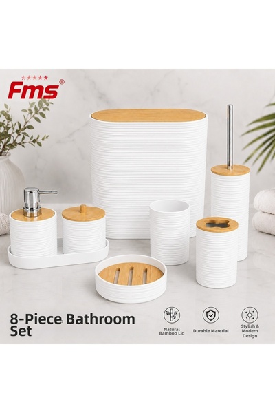 FMS ميرا 8 قطع |   طقم حمام عصري |   غطاء من الخيزران |   أبيض |