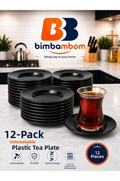 bimbambom 12-Piece Black Tea Plate Set Plastic Tea Plates 12 Pieces