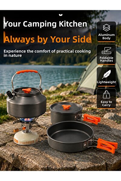 OSKA GLOBAL Aluminum Camping Cookware Pot Pan Tea Pot Set with Foldable Handl...