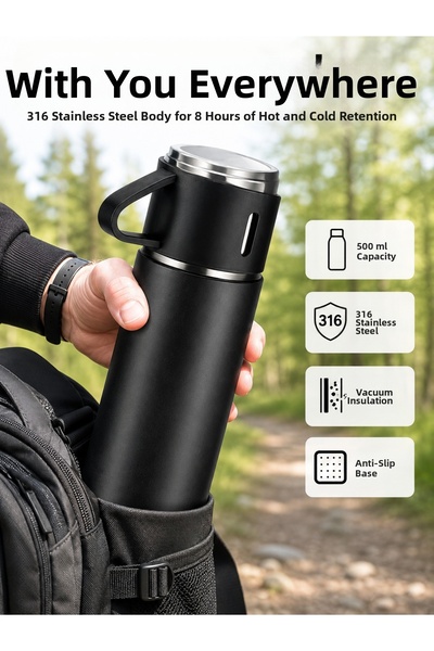Marsilyan Thermos Set 3-Piece Cup Set Heat Resistant Black Stainless Steel Va...