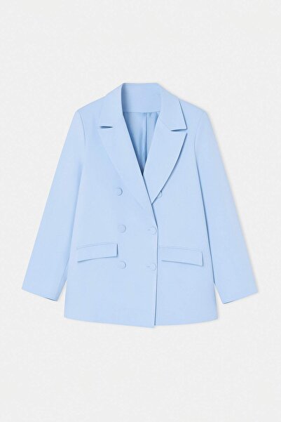 Trendyol Curve Ανοιχτό μπλε υφαντό μπλέιζερ με διπλό κλείσιμο, μπουφάν μεγάλο...