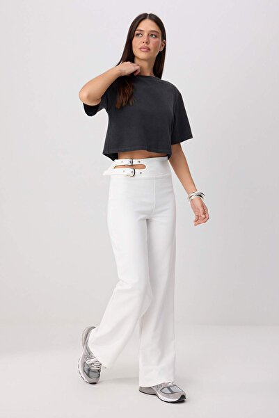 Trendyol Collection White Belt Cut Out Detailed Wide Leg Fabric Trousers Twos...