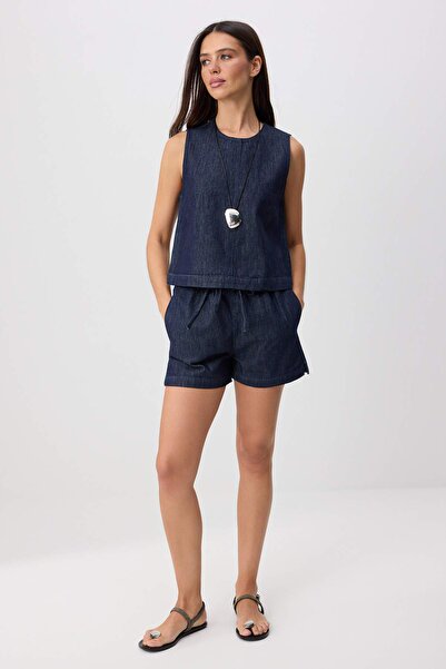 Trendyol Collection Bluză drapată albastru închis și pantaloni scurți din den...