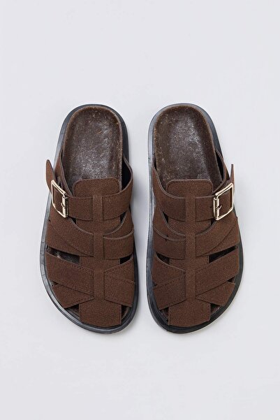 TRENDYOL SHOES Papuci de damă din piele intoarsa maro TAKSS26TE00054