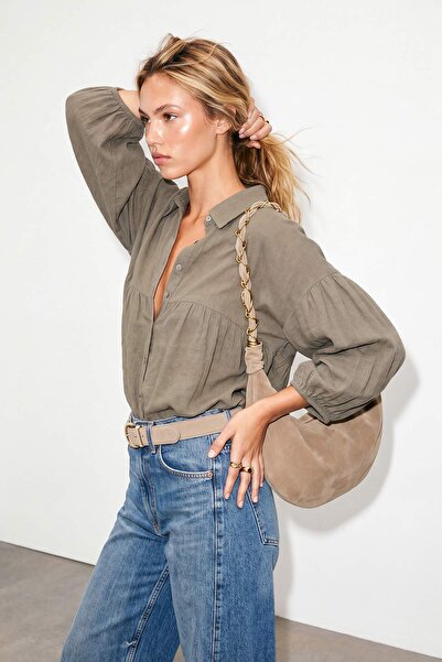 Drop by TrendyolMilla Khaki Balloon Sleeve Comfortable Fit Muslin Skirt Floun...