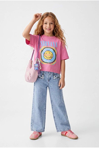 TRENDYOLKIDS Ice Blue Girls' Wide Leg Jeans with Floral Embroidery Tkdaw25Pl0...