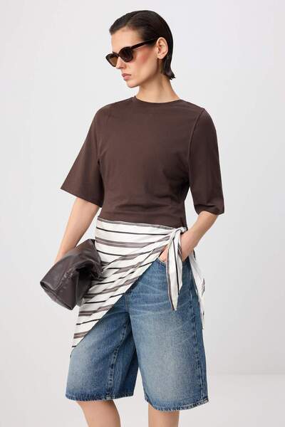 Trendyol Collection Brown Regular/Normal Fit Shawl Detailed Low Sleeve 100% C...