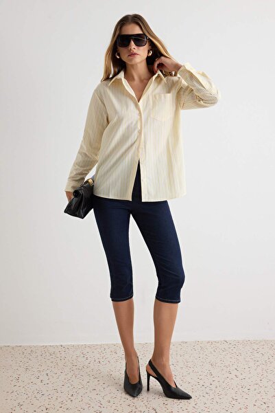 Trendyol Collection Yellow Striped Wide Fit Basic Shirt Twoaw27Go00017
