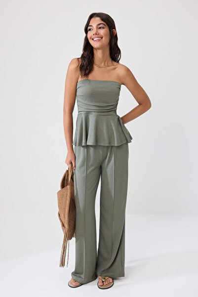 Trendyol Collection Khaki Plain Peplum Sleeveless Gathered Wide Leg Soft Touc...