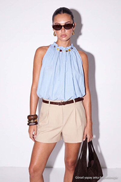 Drop by TrendyolMilla Blue Halter Neck Blouse with Bead Accessories and Elast...