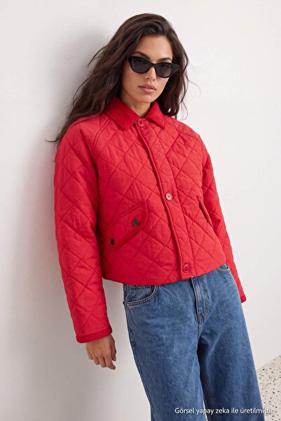 Trendyol Collection Palton roșu matlasat cu guler din catifea TWOSS26MO00024