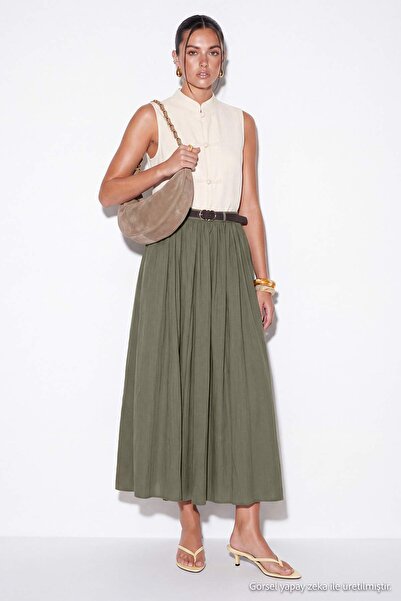 Drop by TrendyolMilla تنورة طويلة مريحة بحزام كاكي TDRSS26ET00090