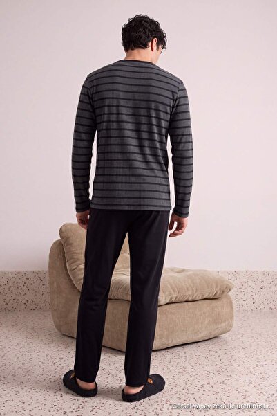 Trendyol Collection Anthracite Regular Striped Waffle Textured Knitted Winter...