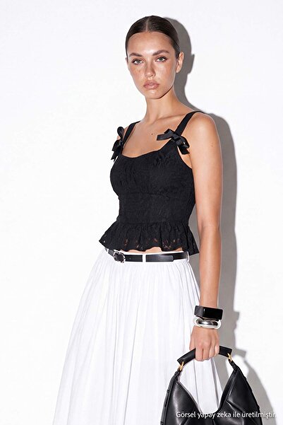 Drop by TrendyolMilla Black Ribbon Straps Lace Brode Lycra Supported Bustier ...