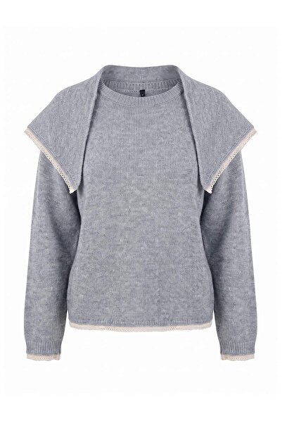 Trendyol Collection Dark Gray Soft Textured Lace Detailed Crew Neck Shawl Col...
