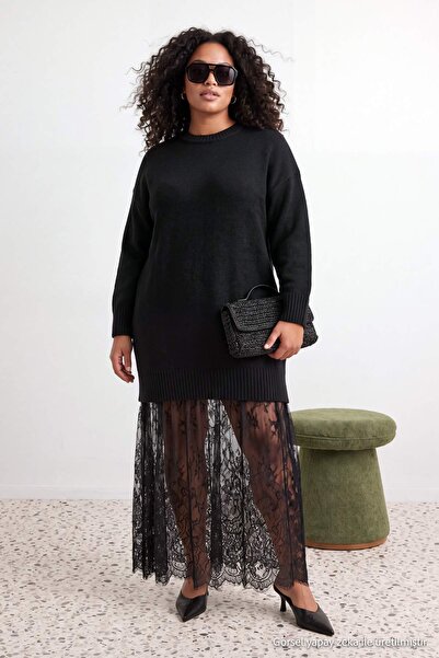 Trendyol Curve Black Soft Textured Crew Neck Lace Skirted Maxi Knitwear Dress...