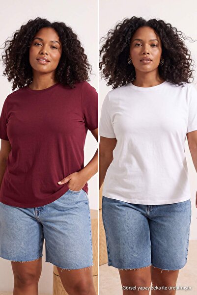 Trendyol Curve Ecru-Burgundy 2-Pack Lycra Combed Cotton Single Jersey Knitted...