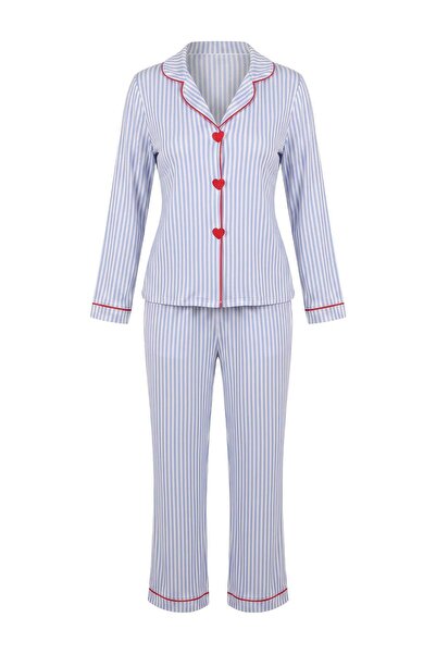 Trendyol Collection White-Blue Viscose Flat Shally Woven Pajamas Set Thmaw25P...